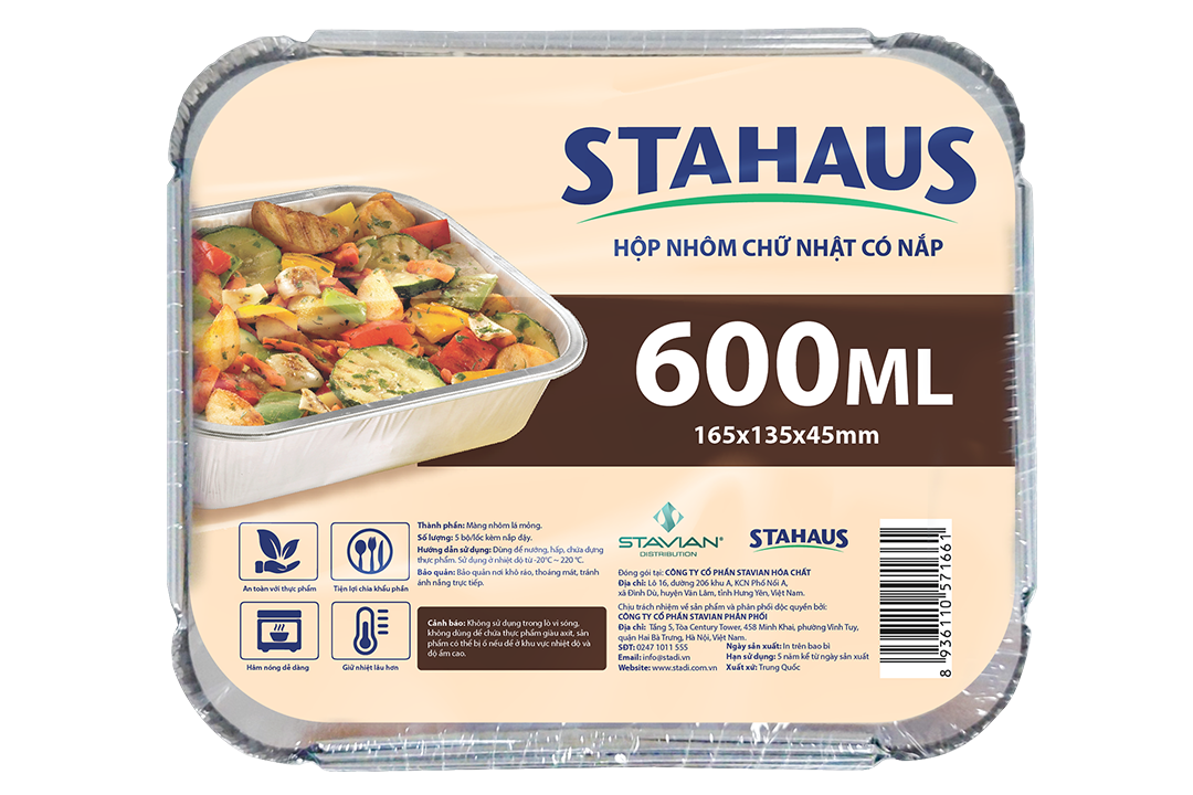 Hộp nhôm chữ nhật có nắp Stahaus 600ml (5 cái/gói)